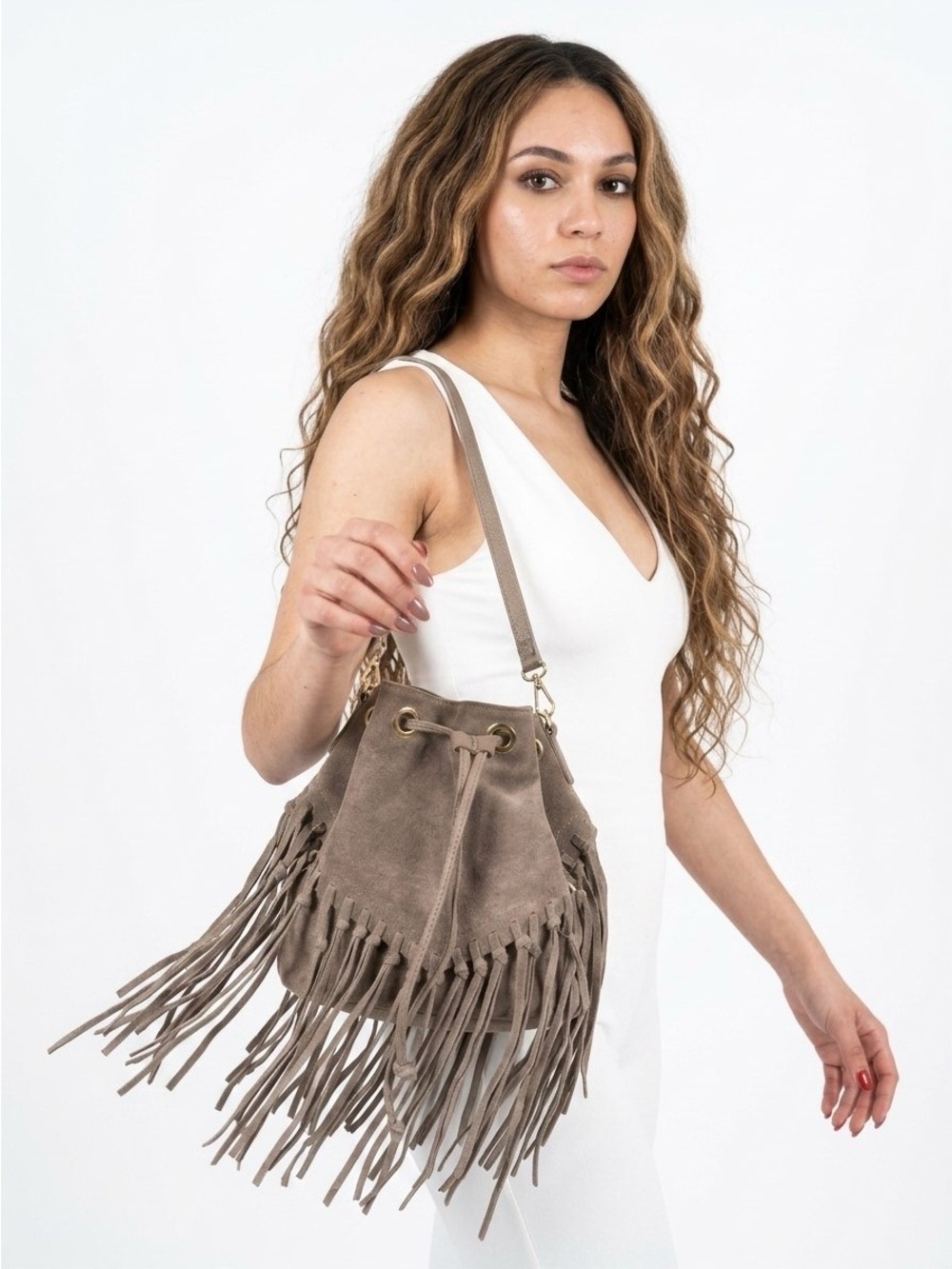ISADORA FRINGE BUCKET BAG TAUPE LEATHER SUEDE CROSSBODY WOMAN